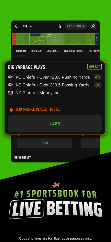 DraftKings Sportsbook app interface showing live NFL betting odds and a same game parlay