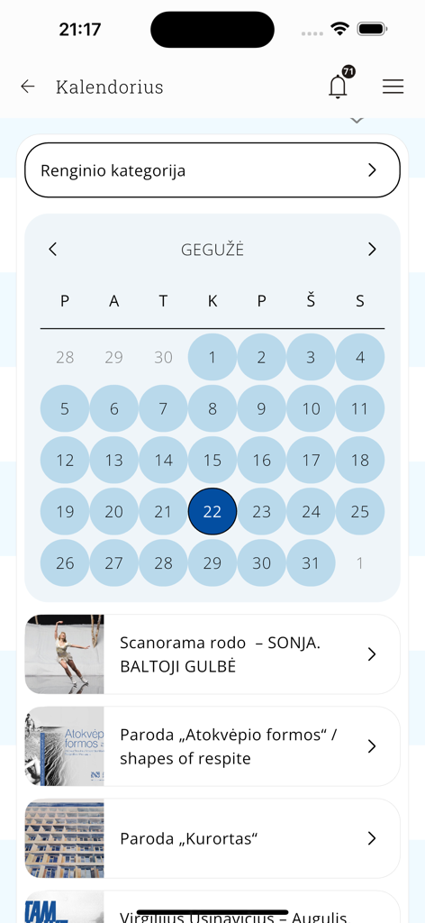 e.Palanga - e.Palangaモバイルアプリのカレンダースクリーン、地域イベントや文化プログラムを表示