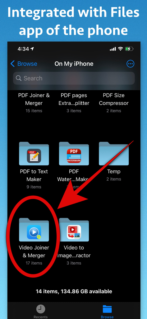 Video Joiner & Merger - Captura de pantalla de la carpeta de la aplicación Unificador y Fusionador de Videos integrada dentro de la aplicación Archivos de iOS