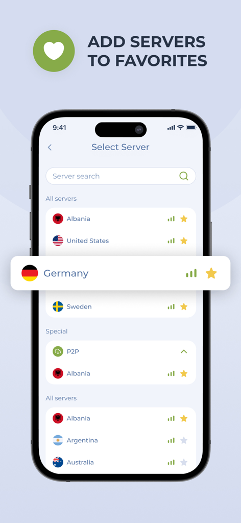 Planet Free VPN app interface showing a list of global servers and the option to add specific locations like Germany to favorites.