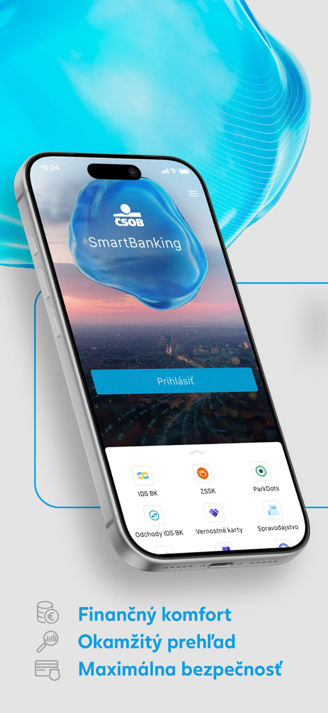 Tela de login do aplicativo móvel CSOB SmartBanking exibida em um iPhone com ícones de serviços adicionais