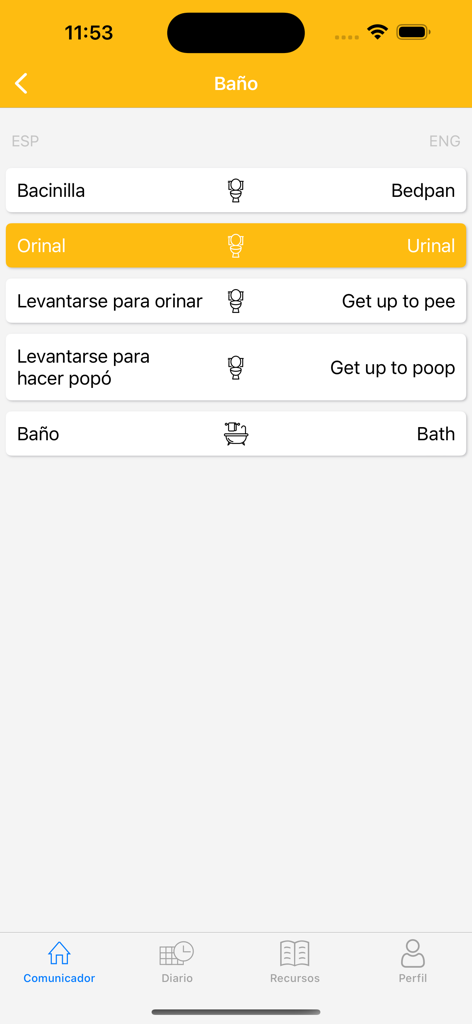 Interfaccia dell'app Comunicatore del Paziente che mostra traduzioni dallo spagnolo all'inglese per le necessità del bagno e dell'igiene ospedaliera