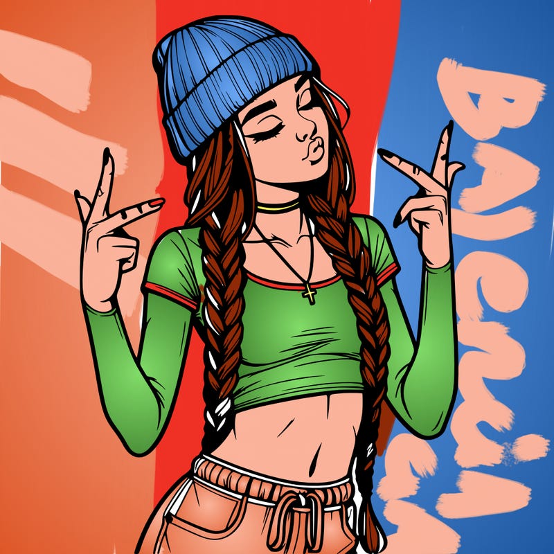 realistic teenage girl with braids and a beanie and crop top doing 🫶🏼