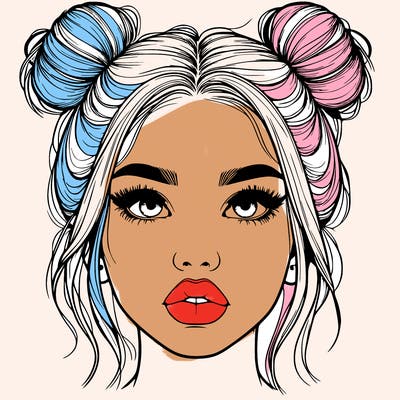 realistic girl with two buns on her hair and lips