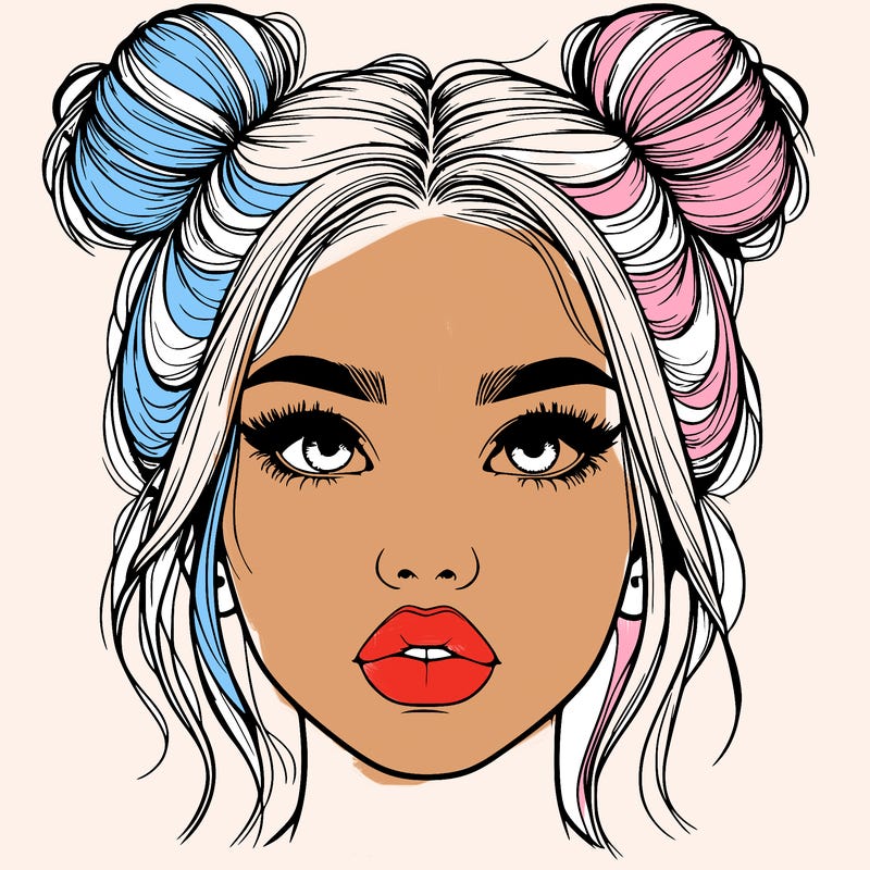 realistic girl with two buns on her hair and lips