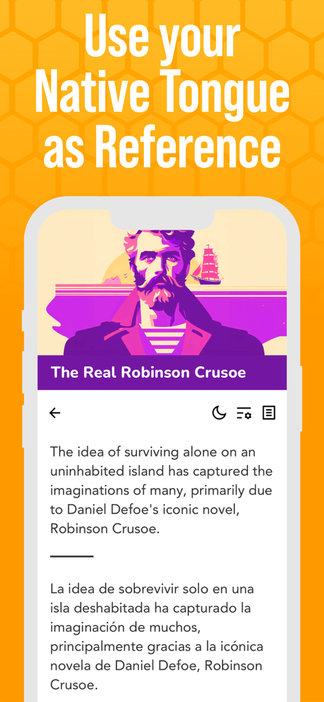 Beelinguapp: Language Learning - Beelinguapp interface showing parallel English and Spanish text for the story The Real Robinson Crusoe