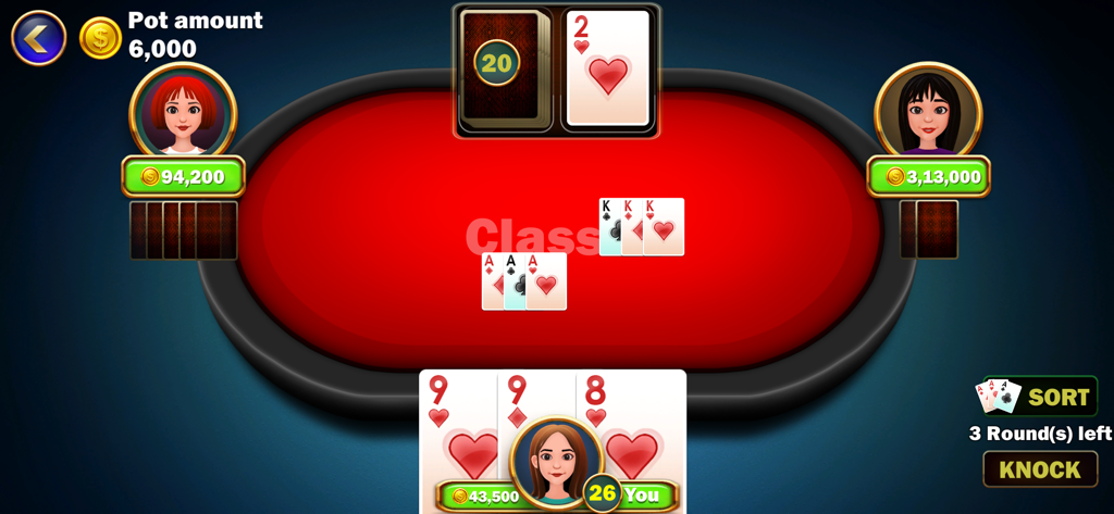 Tonk classic Tunk card game - Capture d'écran du gameplay du jeu de cartes Tonk Classic Tunk montrant une table virtuelle avec des avatars de joueurs et des combinaisons de cartes