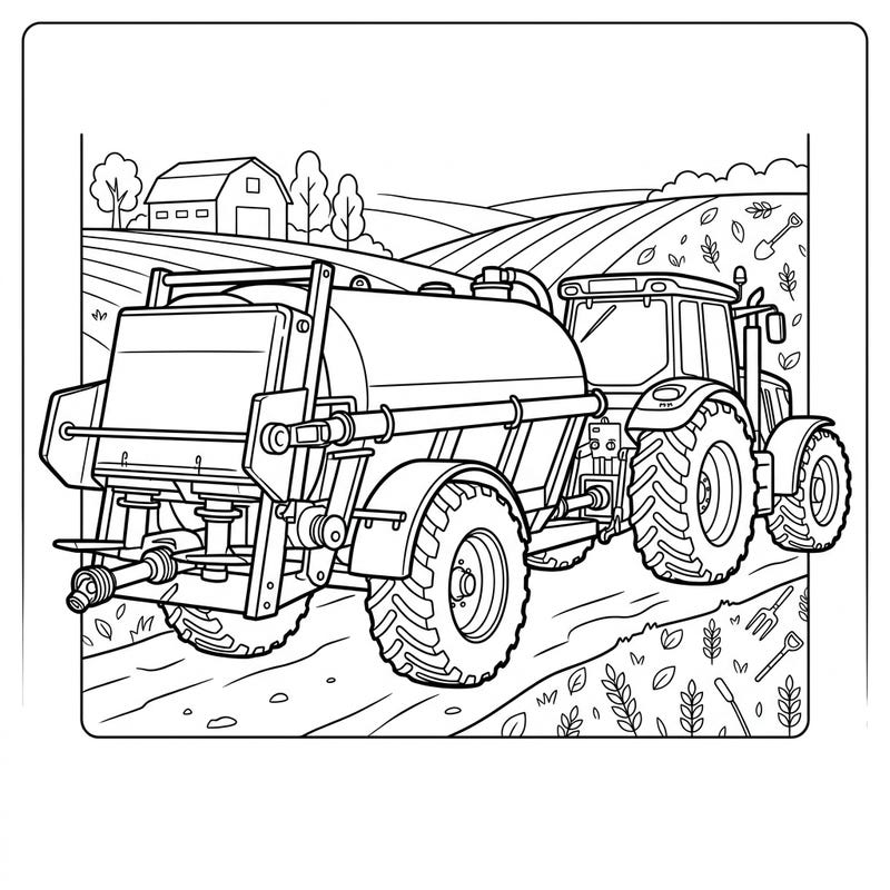 Explore the heart of farm life with this unique manure spreader coloring page, specifically designed to delight seniors. Its bold outlines and detailed agricultural scene provide a wonderfully engaging and accessible creative escape.