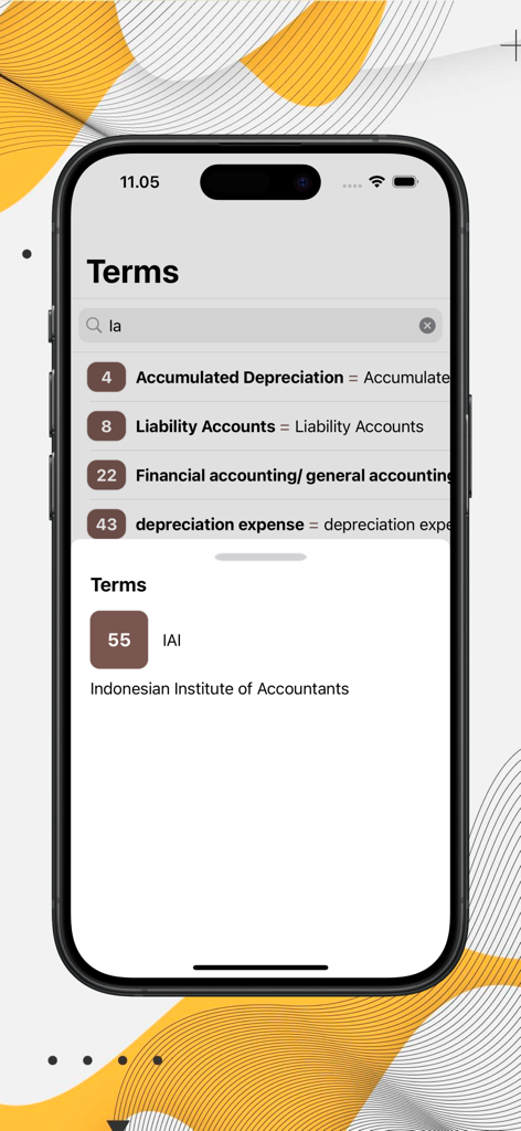 Basic Accounting Learning - Interface of the Basic Accounting Learning app showing a searchable list of financial terms and definitions