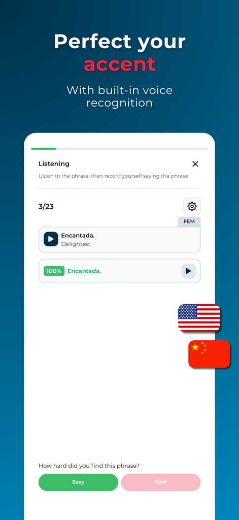 Rocket Languages - Rocket Languages app interface showing a voice recognition exercise to perfect accent with a 100 percent accuracy score