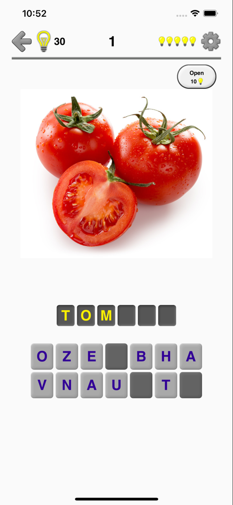 Fruit and Vegetables - Quiz - Mobile app screenshot of a spelling quiz featuring a photo of tomatoes and a letter-based word puzzle.