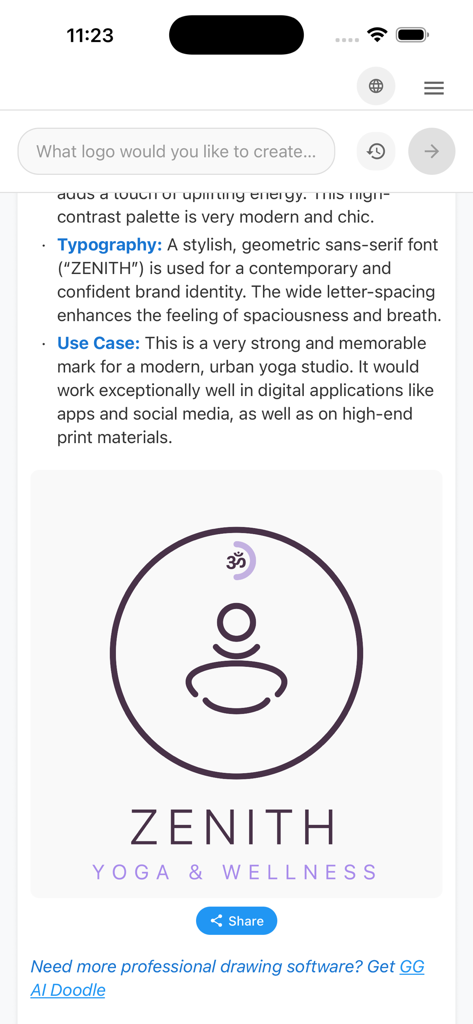 GG AI LogoMaker - Un logo minimalista para un estudio de yoga llamado Zenith con un icono de meditación dentro de un círculo y tipografía limpia.
