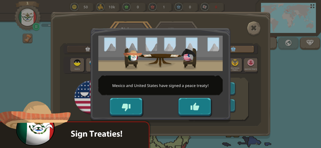 Countryballs at War - Mexico and United States countryballs signing a peace treaty in the diplomacy menu of a strategy game.