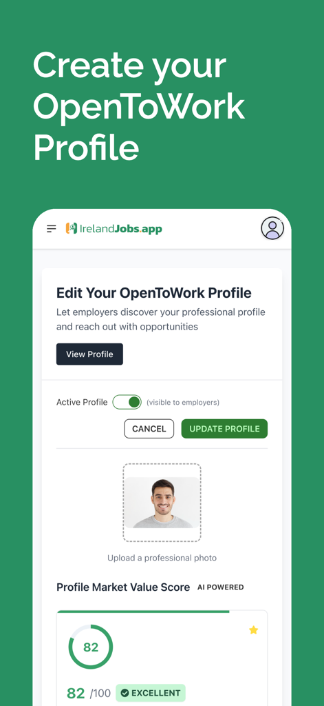 IrelandJobs - Daily Irish Jobs - Interface of the IrelandJobs app showing a user editing their Open To Work profile with an AI powered market value score