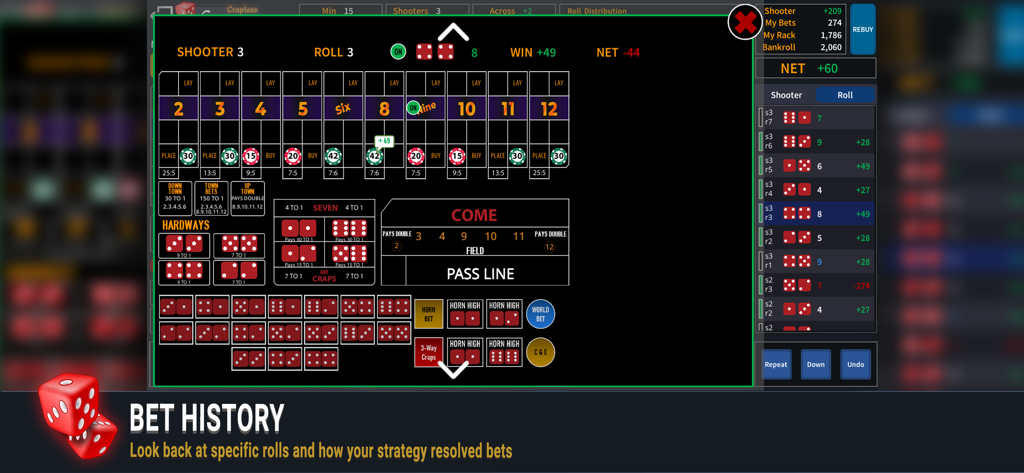 Crapsee - Bildschirm der Crapsee App mit detaillierter Wettverlaufs- und Würfelverteilungsanalyse