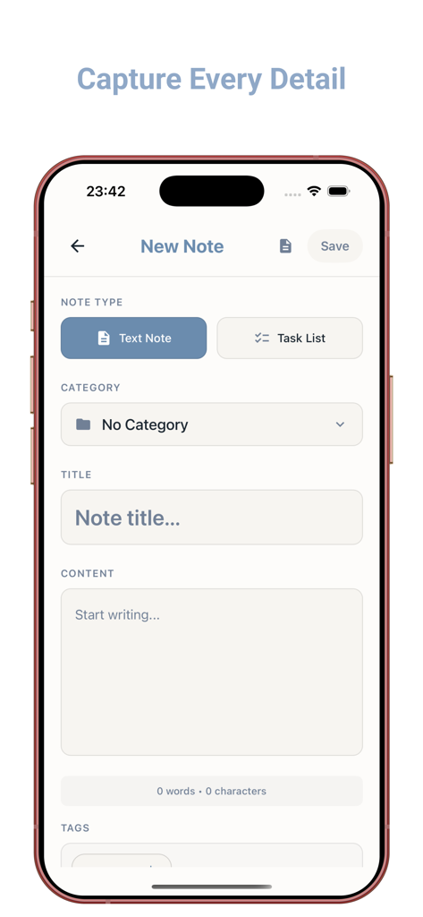 Notes - Notepad, Notebook - Mobile screen showing the creation of a new text note or task list with title and content fields