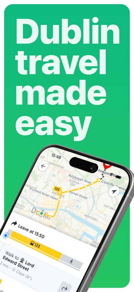 Dublin Bus & DART Times - Smartphone screen showing a transit route on a map in Dublin with the headline Dublin travel made easy