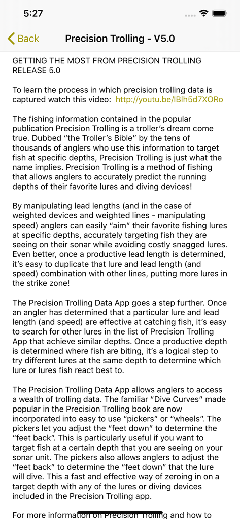 Informational screen for the Precision Trolling app version 5.0 detailing technical fishing features.