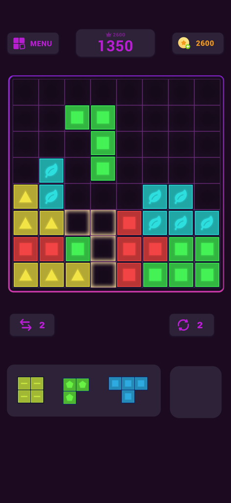 Block Puzzle - Puzzle Games * - Interfaz minimalista del juego de rompecabezas de bloques en modo oscuro con formas geométricas coloridas en una cuadrícula de 10x10