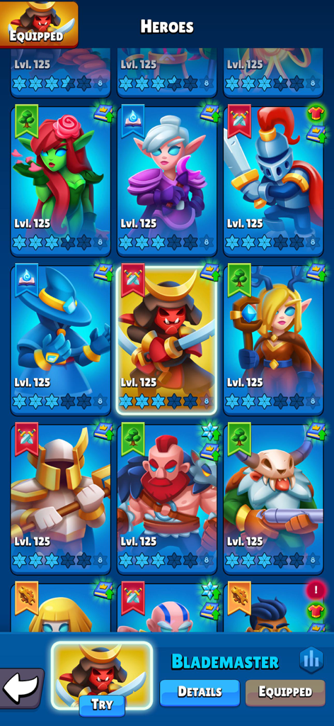 Heroes vs Hordes: Survival RPG - Hero collection screen showing a grid of various character cards at level 125 with the Blademaster selected