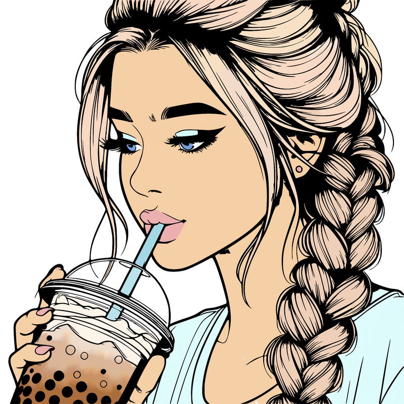 realistic girl drinking boba tea with braided hair