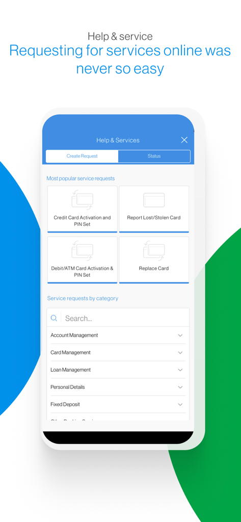Pantalla de ayuda y servicios de la aplicación SC Mobile Nepal para administrar tarjetas bancarias y solicitudes de cuentas.