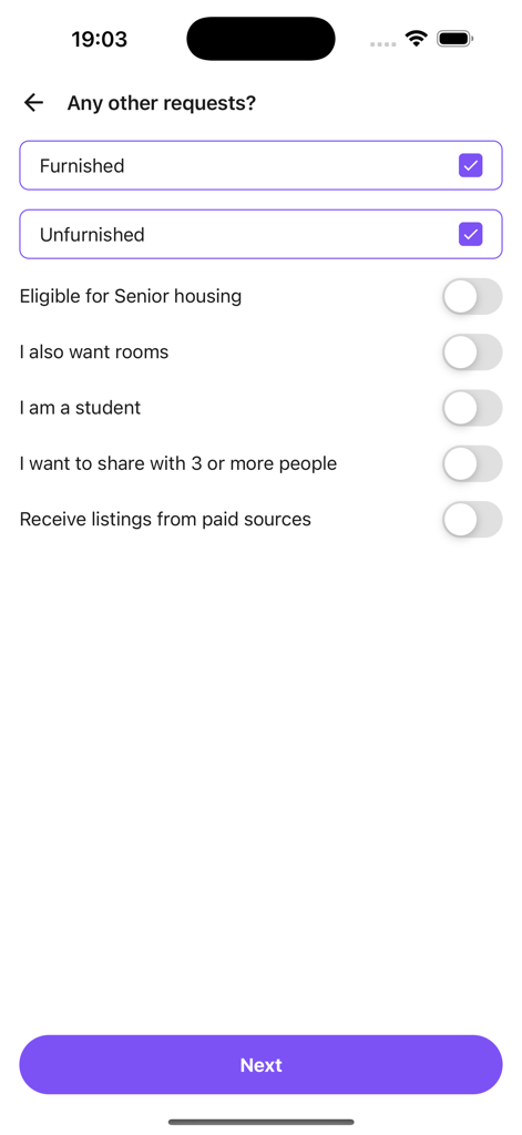 RentSlam - RentSlam app interface showing rental search preference toggles for furnished or unfurnished homes and student housing filters