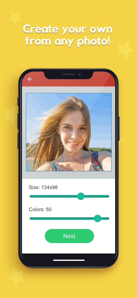 Pixel Tap: Color by Number - Interface of the Pixel Tap app showing the process of converting a personal photo into a custom color by number pixel art pattern with size and color sliders.