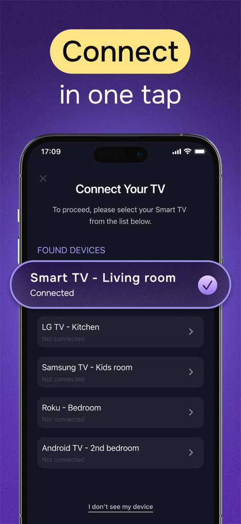 Flicky app interface showing a list of available smart TV devices for easy one tap connection