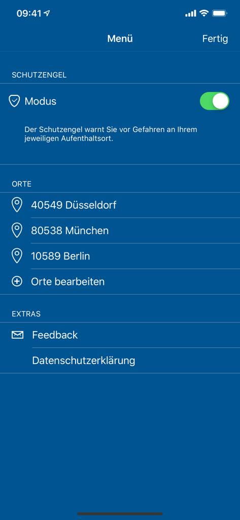 Menu do aplicativo móvel KATWARN mostrando o recurso de segurança 'Anjo da Guarda' e uma lista de locais salvos para alertas de emergência