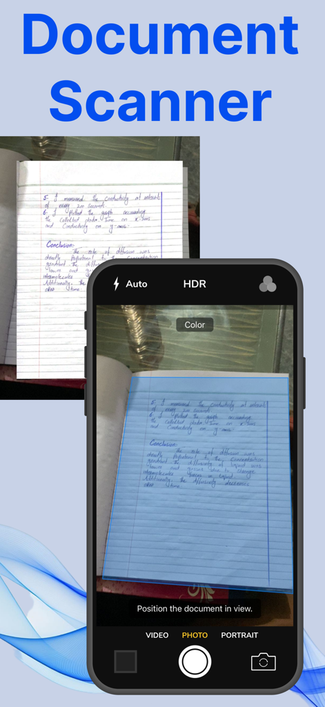 Smart Printer : Scanner App - Interfaz de iPhone mostrando la función de escáner de documentos capturando una página de cuaderno escrita a mano