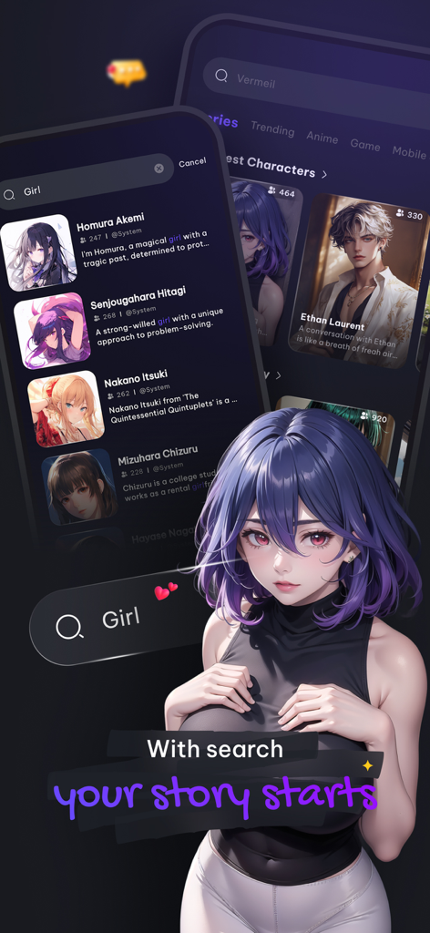 Écran de recherche de personnages d'anime virtuels dans l'application Lumi AI