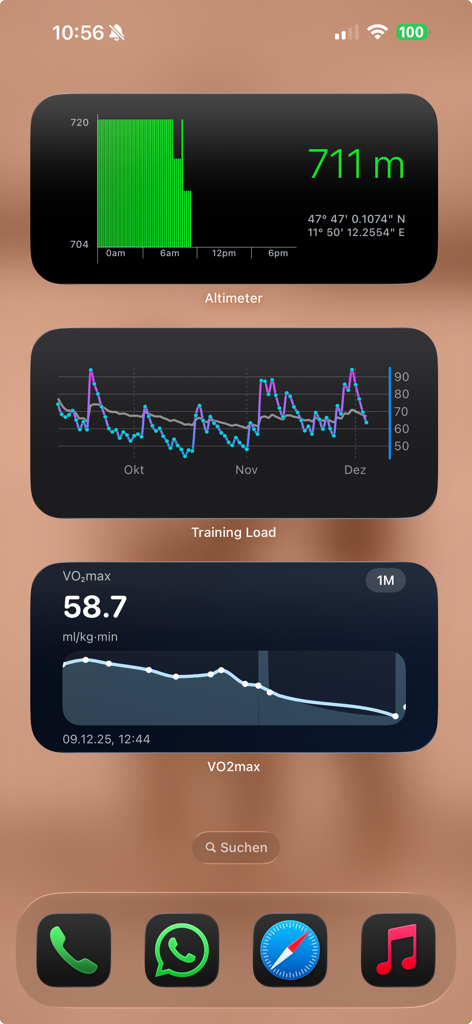 Altimeter Elevation Watch - iPhone home screen displaying altimeter elevation training load and VO2max widgets