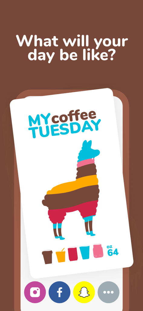 A colorful daily hydration summary card featuring a llama character filled with different drink levels and social media sharing buttons.