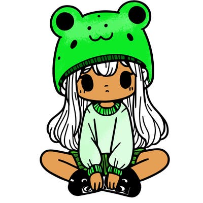 a girl wearing a frog hat and some frog socks
