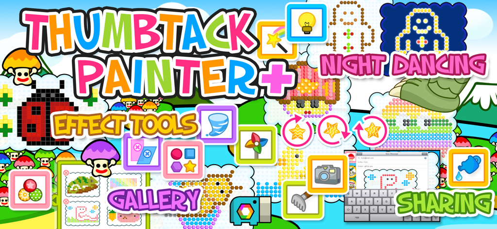 Thumbtack Painter Plus - Un collage promocional para Thumbtack Painter Plus que muestra herramientas de arte de tablero digital de clavijas, galería y funciones para compartir para niños