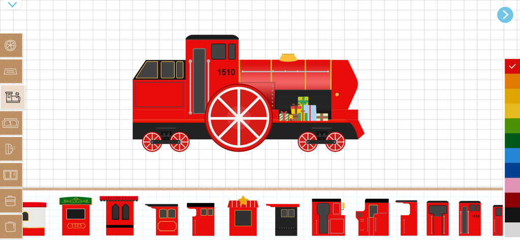 Labo Christmas Train:Kids Game - Digital interface for building a custom red steam engine locomotive with gift boxes on a grid background