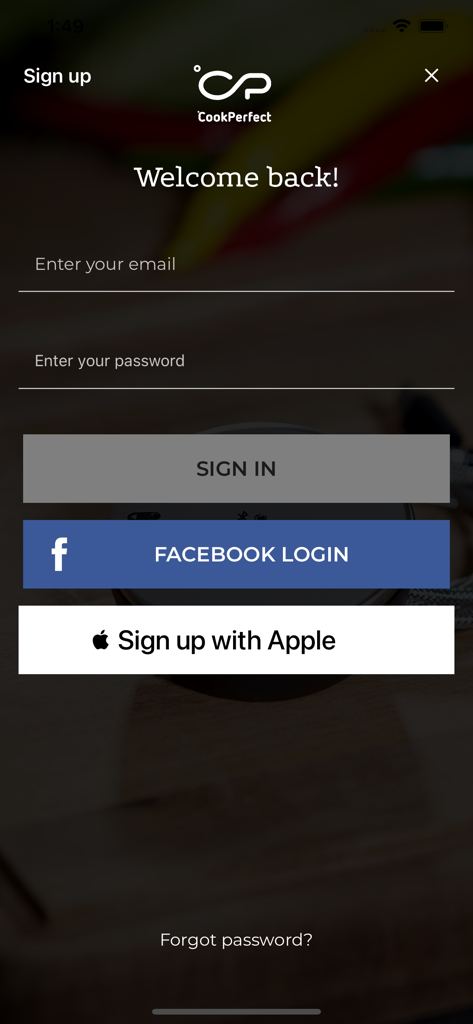 Witt CookPerfect - Witt CookPerfect app login screen with email and social sign-in options
