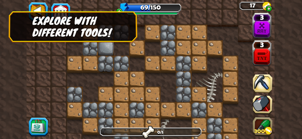 Dino Quest: Fossil Games - A gameplay screenshot of Dino Quest showing a grid puzzle where players use tools like hammers and TNT to uncover dinosaur fossils