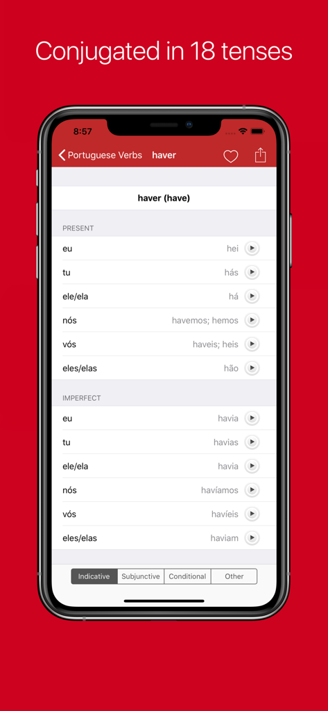 Portuguese Verb Conjugator Pro - Interfaz de una aplicación móvil que muestra la conjugación del verbo portugués 'haver' en múltiples tiempos