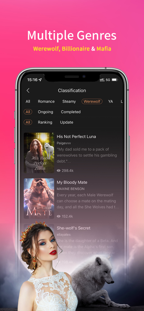 Storydo - Fiction, Story - Storydo mobile app screen showing fiction genres like werewolf and romance novels