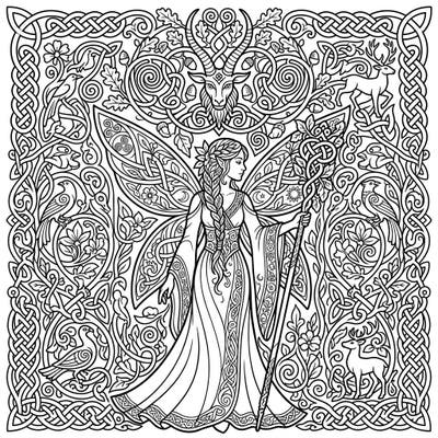 Dive into the magical world of Celtic folklore with this exquisite coloring page, showcasing a graceful fairy entwined within intricate knotwork designs. This template invites you to bring mythical creatures and nature spirits to life with your vibrant imagination.
