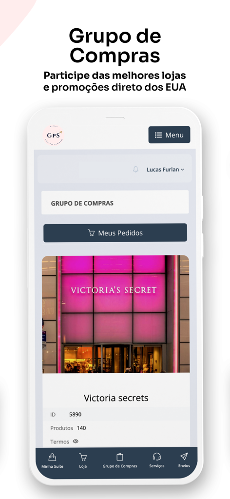 Interface de l'application GPS montrant les options d'achats de groupe pour les marques américaines comme Victoria Secret pour une livraison internationale