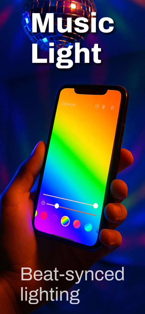 Reading Light Glowow - Reading Light Glowow app showing beat-synced music lighting mode with a rainbow screen and disco ball background