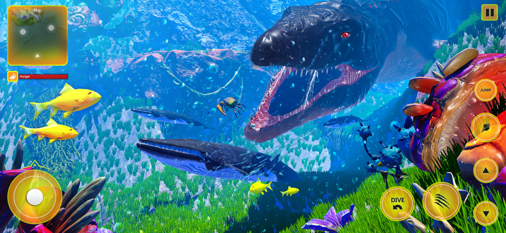 Dragão marinho gigante atacando presas em uma captura de tela de jogabilidade subaquática de Sea Monster Simulator 2018