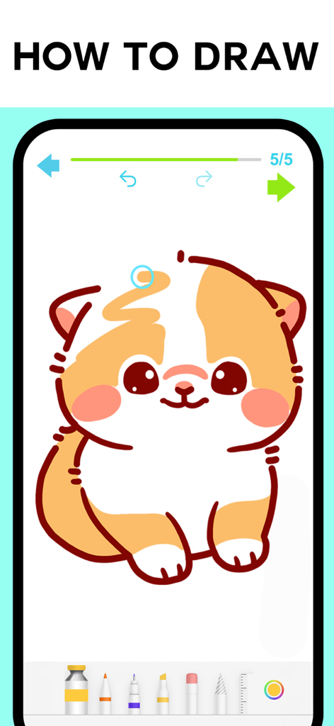 Drawing Vibe: Learn to draw - A step-by-step mobile drawing tutorial of a cute cartoon cat inside the Drawing Vibe app interface.