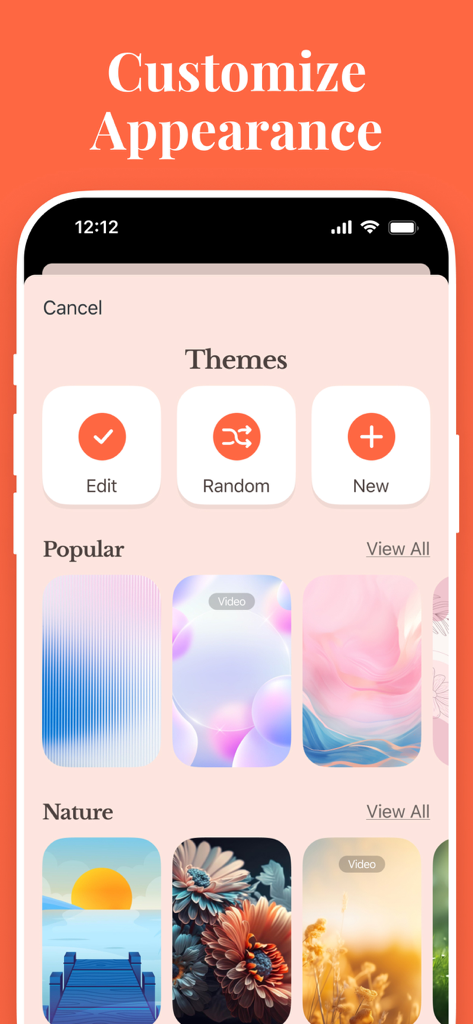 Awake: Motivation Affirmations - Interfaz de la aplicación Awake que muestra opciones para personalizar la apariencia con varios temas de fondo estéticos