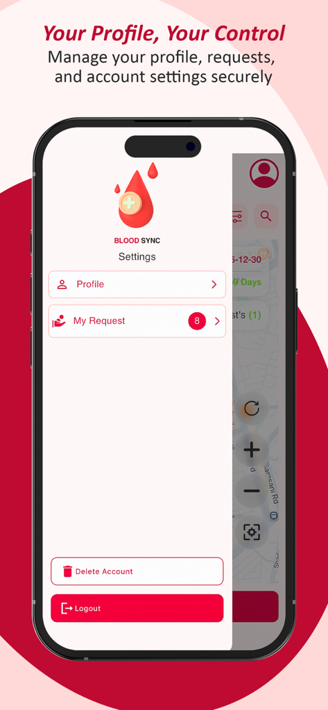 Blood Sync App - Blood Sync app interface showing the user settings screen with options for profile management, viewing requests, and account logout.