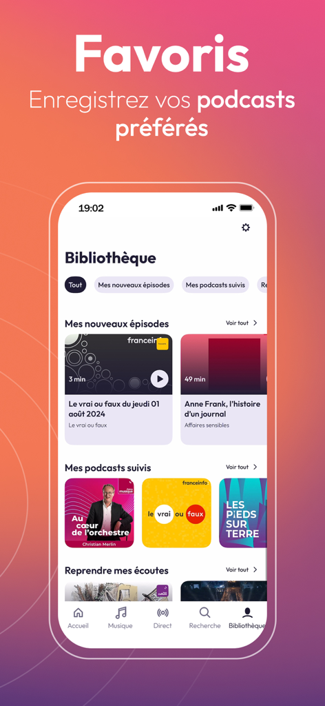 Radio France app library screen showing followed podcasts and new episodes
