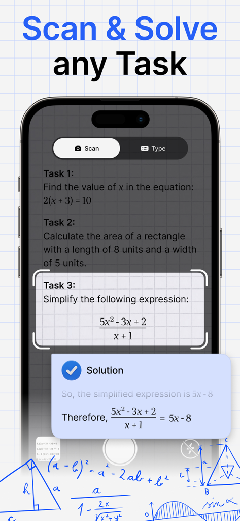 数学の代数式のスキャンと解答機能を示すスマートフォンの画面。